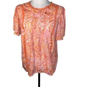 Nanette Lepore ladies  M paisley pleated lace sheer Y2K flutter keyhole blouse ￼